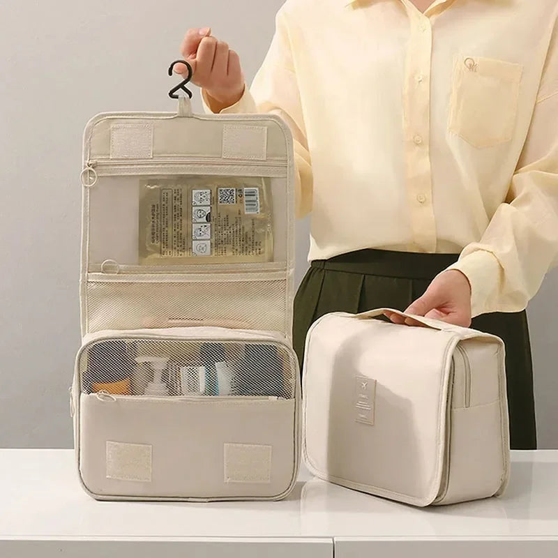 Elarose beige hanging travel toiletry bag with zipper compartments, shown open and closed