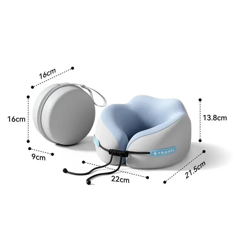 Light blue and gray travel neck pillow with storage case, labeled dimensions, Elarose