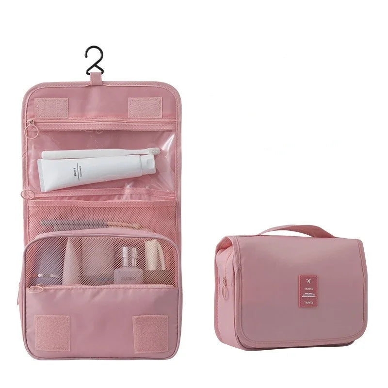 Pink travel toiletry bag with compartments and hook, Elarose organizer on white background