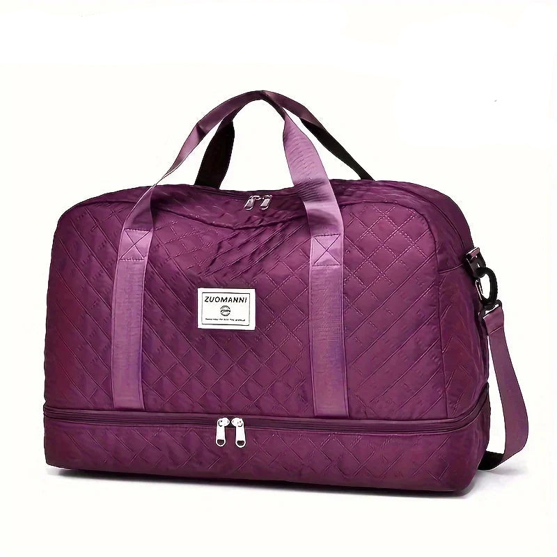 Purple quilted travel duffel bag with shoulder strap and Elarose branding