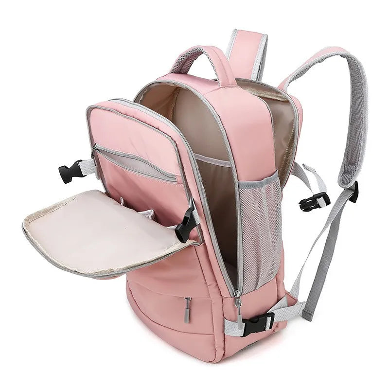 Elarose pink backpack with multiple compartments and grey adjustable straps