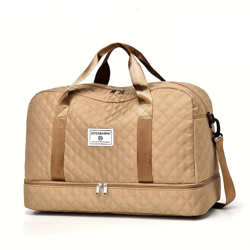 Beige quilted travel duffel bag with handles and shoulder strap, Elarose accessory