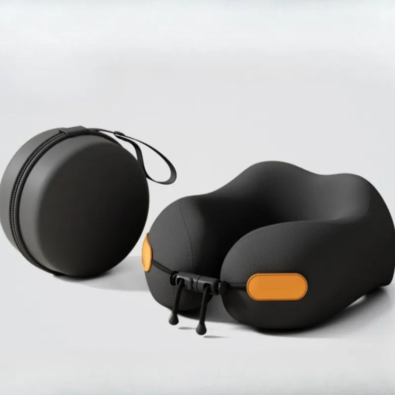 Black travel neck pillow with orange accents and round carrying case on white background, Elarose