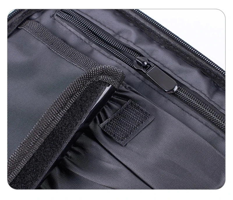 Close-up of black Elarose bag interior with zipper pocket and Velcro flap compartment