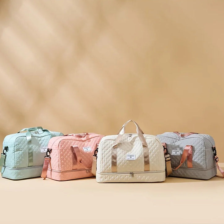 Elarose quilted travel duffel bags in pastel colors on beige background