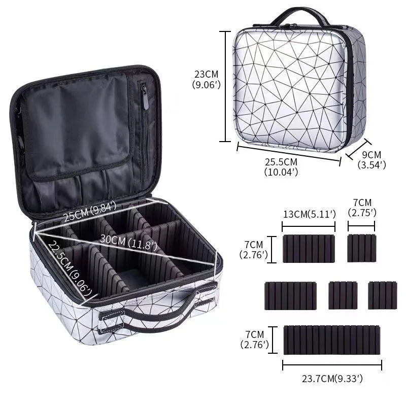 Elarose geometric travel makeup case with adjustable dividers and dimension details