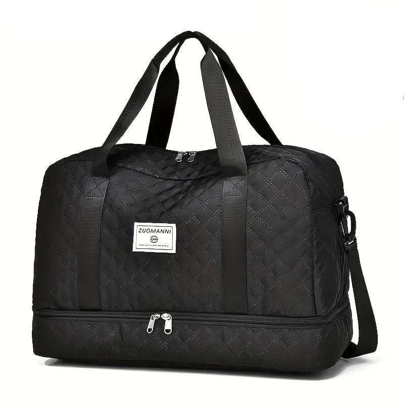 Elarose black quilted travel duffel bag with handles and zippered compartments