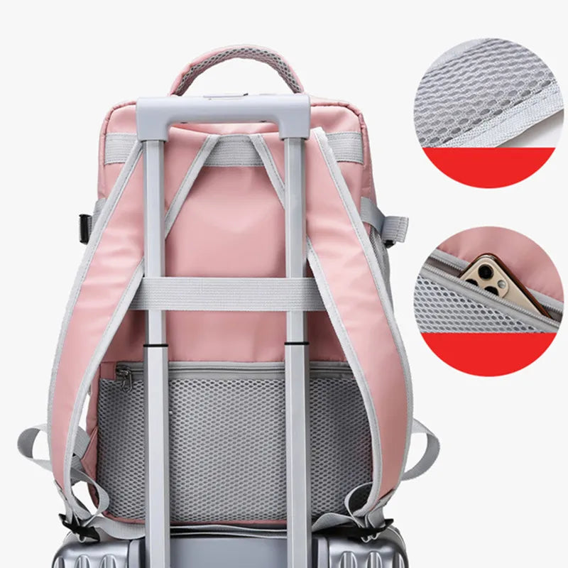 Pink travel backpack with suitcase strap and secure mesh pocket, Elarose luggage accessory