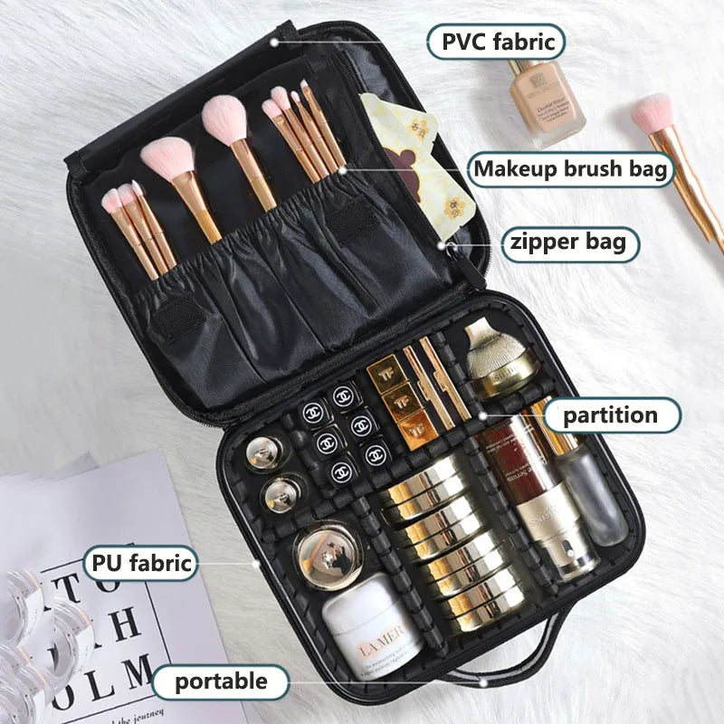 Elarose portable PU makeup organizer with brush bag, zipper pocket, and partitioned storage for cosmetics