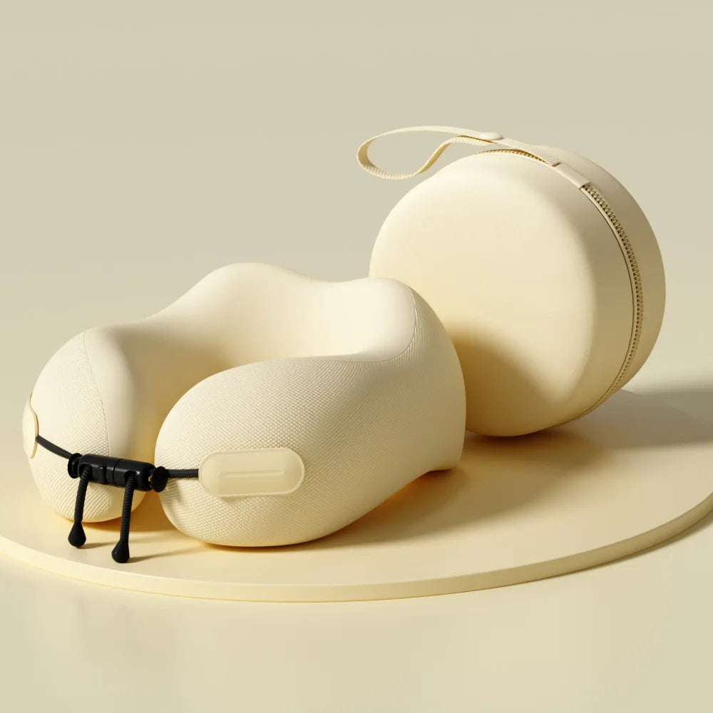 Elarose beige travel neck pillow with matching zippered carrying case on light background