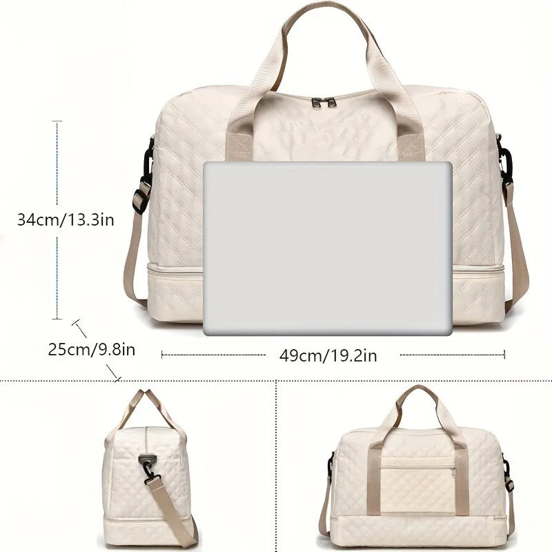 Elarose quilted beige travel duffel bag with handles and adjustable strap, size 49x34x25 cm