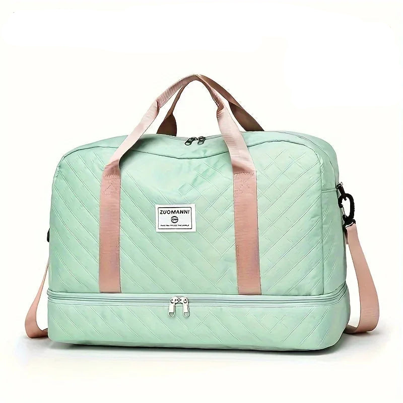Mint green quilted travel duffel bag with pink straps, Elarose store product