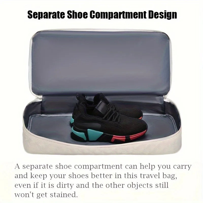 Travel bag with separate shoe compartment holding black sneakers, Elarose storage feature.