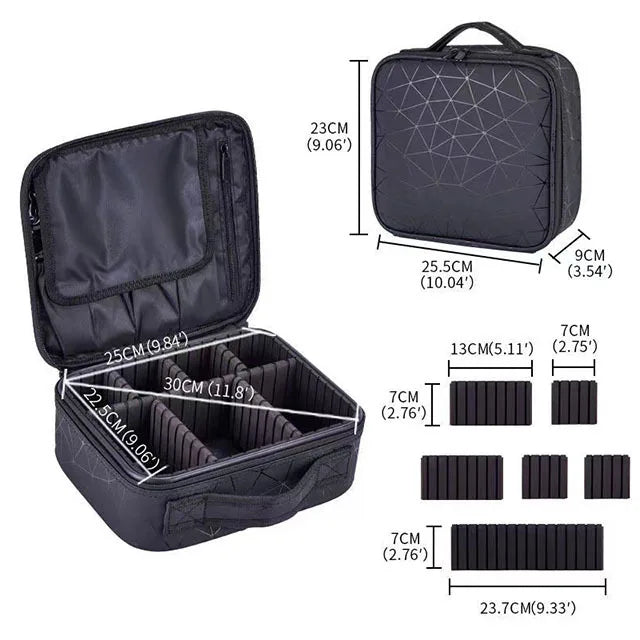 Black Elarose storage organizer bag with dividers, labeled internal and external measurements