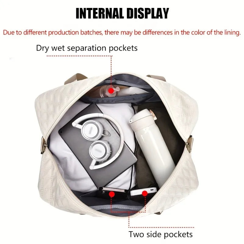 Elarose bag internal display showing dry wet separation pockets, organized with headphones, tablet, bottle, and two side pockets.