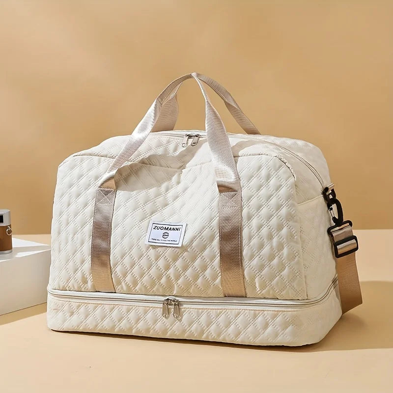 Quilted white duffel bag with beige straps and zipper, Elarose travel accessory