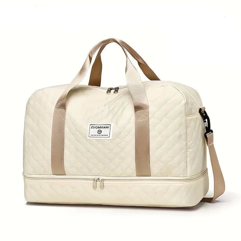 Quilted cream-colored duffel bag with beige handles, Elarose travel accessory