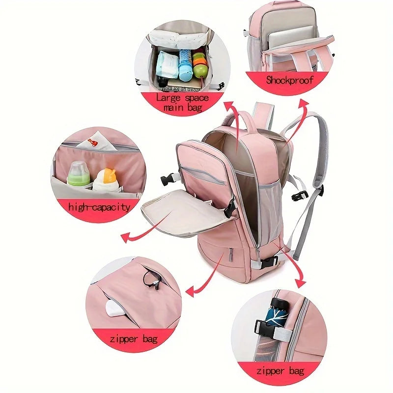 Pink multi-compartment diaper backpack with large space, shockproof pouch, and zipper bags from Elarose.