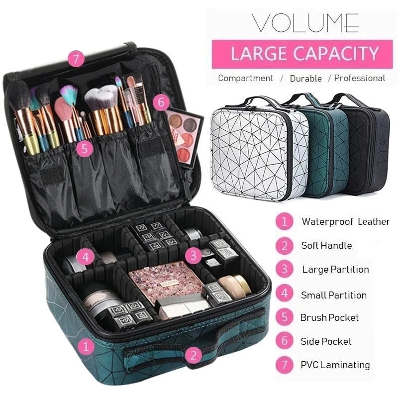 Elarose large capacity makeup organizer bag with brush pockets, partitions, and geometric design.
