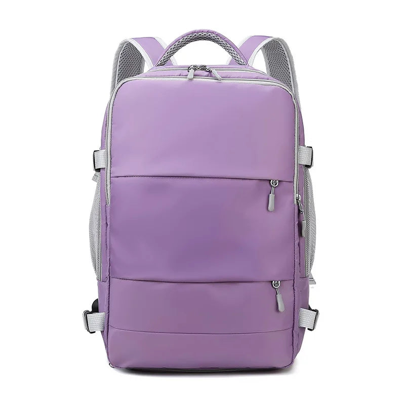 Elarose lavender backpack with front zipper pockets and gray mesh side panels