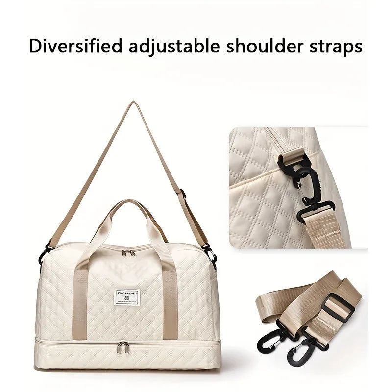 Elarose beige quilted duffel bag with adjustable shoulder straps and close-up details