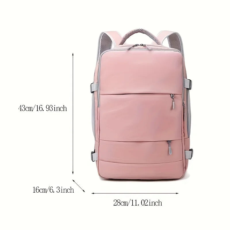 Elarose pink backpack with front pockets, adjustable straps, and size dimensions shown