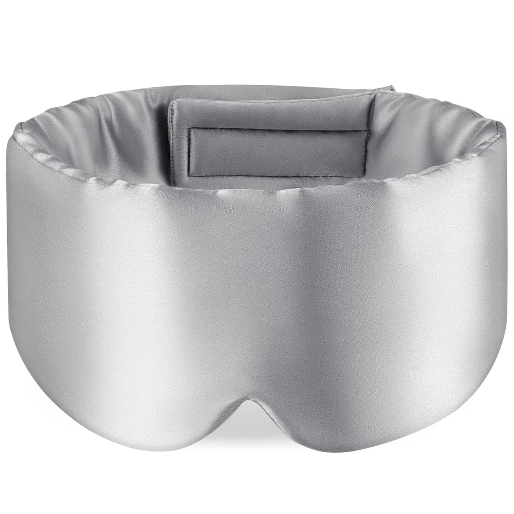 Elarose silver silk eye mask with adjustable strap, soft and padded for sleep
