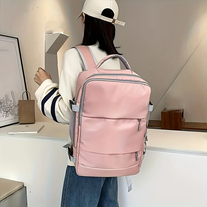 Woman wearing a light pink backpack in a modern room, Elarose fashion accessory