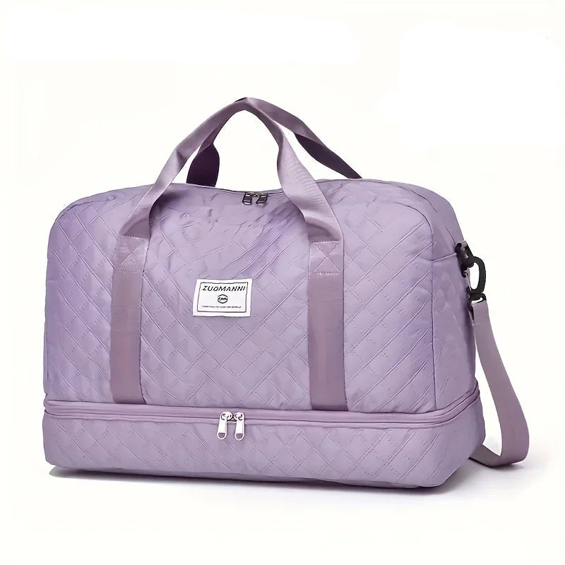 Light purple quilted travel duffel bag with handles and detachable shoulder strap, Elarose