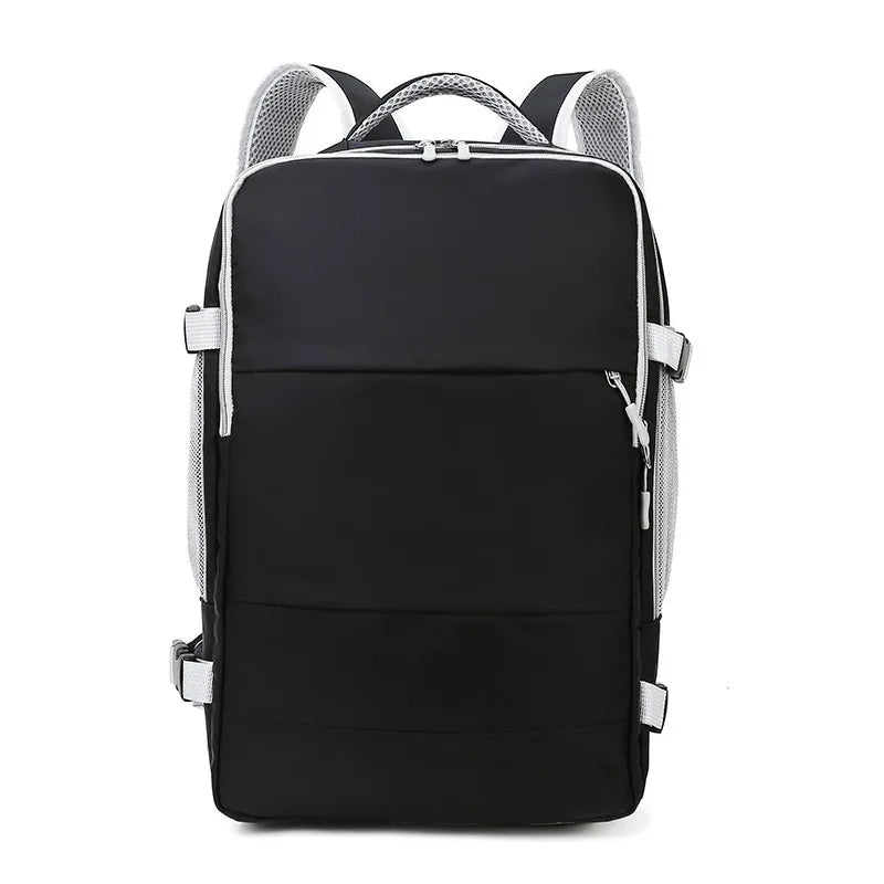 Black Elarose backpack with white straps and front zip pocket