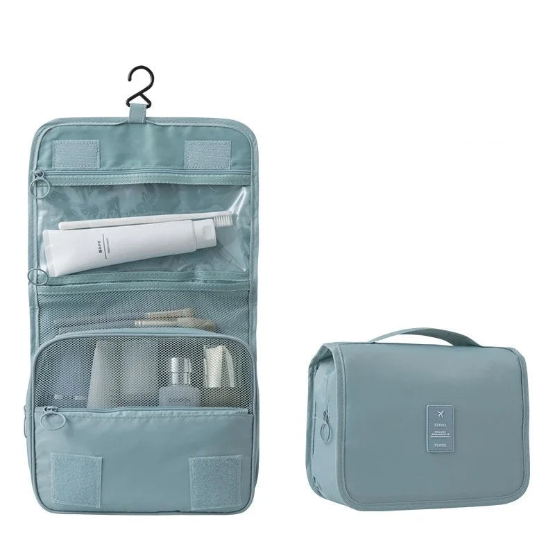 Blue Elarose hanging travel toiletry bag with compartments and handle, shown open and closed