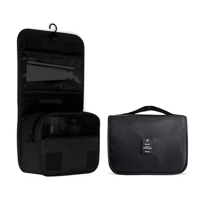 Elarose black travel toiletry bag, one zippered and one open with hanging hook, minimalist design
