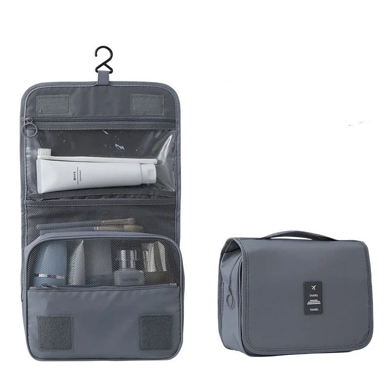 Gray travel toiletry bag with compartments and hanging hook, Elarose organizer