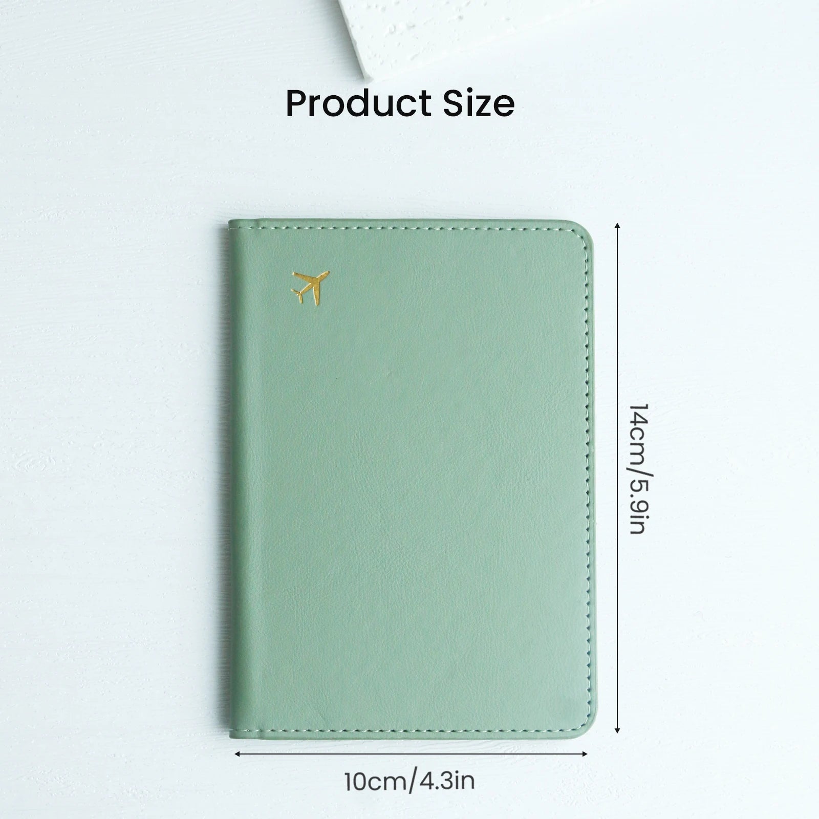 Mint green travel passport holder with gold airplane icon, size 14cm x 10cm, Elarose