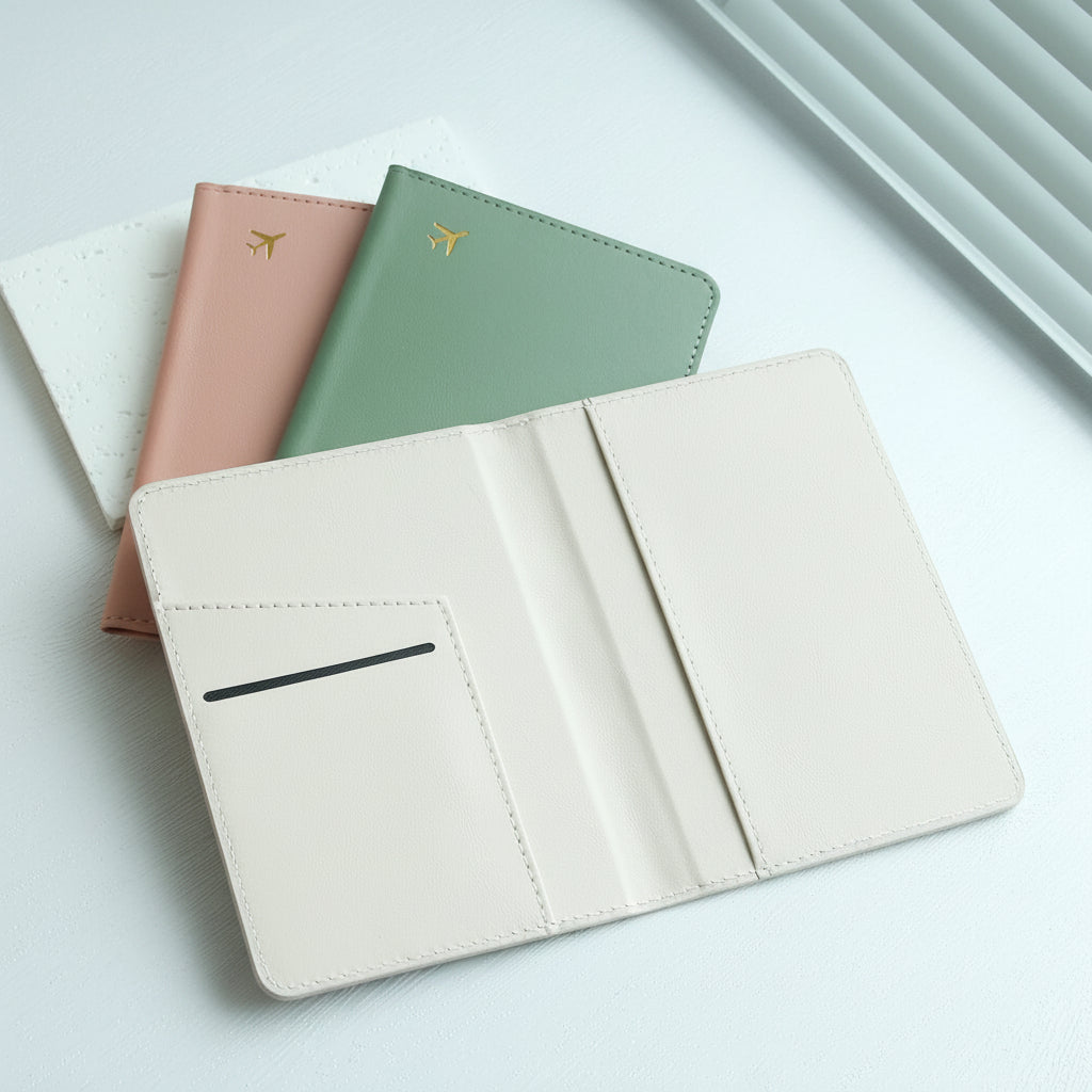 Elarose pastel travel wallets in cream, green, and pink on a white desk