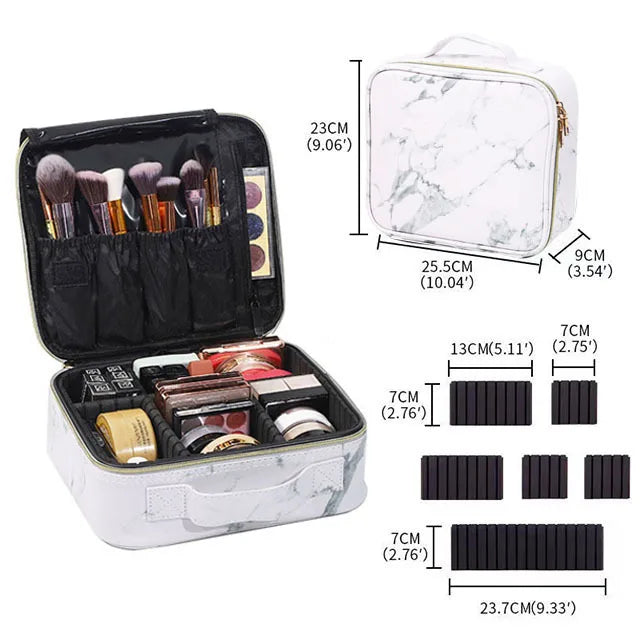 Elarose marble makeup bag with compartments, makeup brushes, and measurements displayed