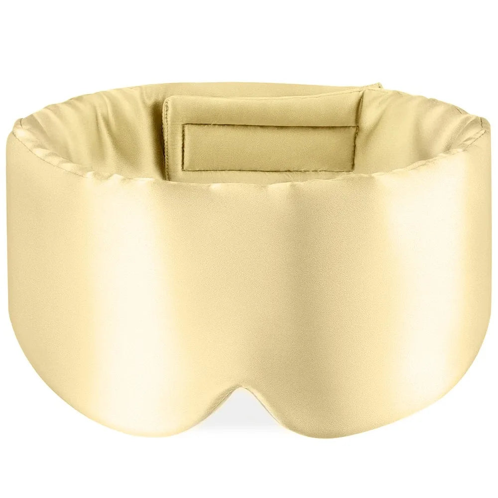 Elarose gold silk sleep mask with padded design, front view on white background