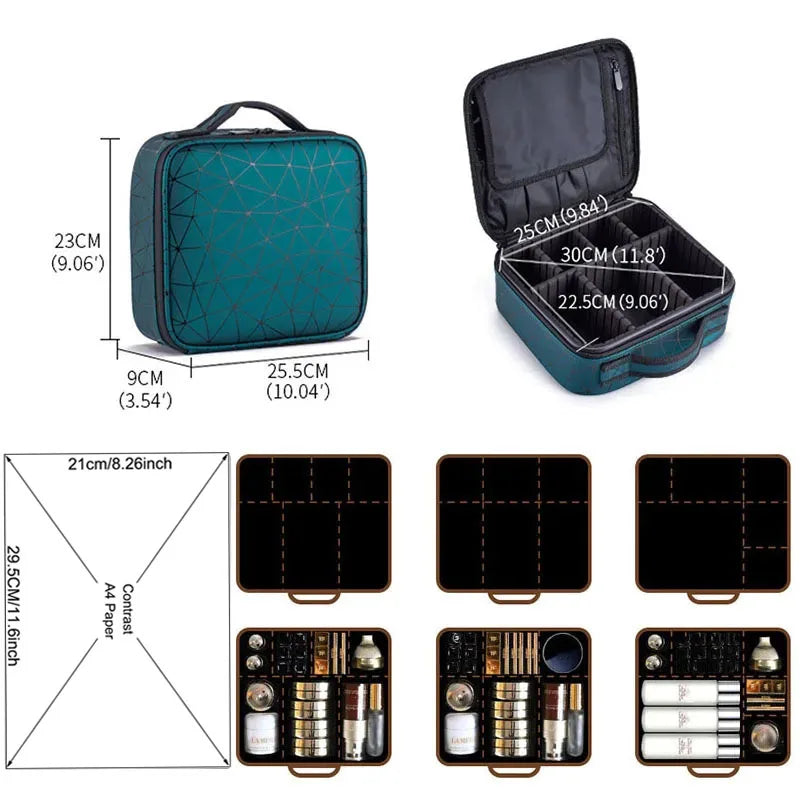 Elarose teal geometric travel makeup organizer bag with adjustable compartments and storage layout diagrams