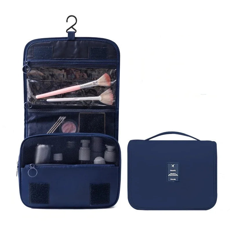 Elarose navy blue travel toiletry bag with handle, organized compartments, and hanging hook