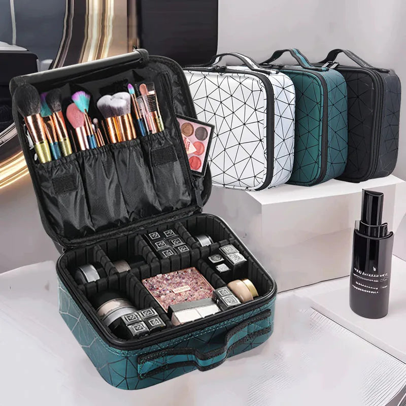 Elarose geometric makeup bags with makeup brushes and cosmetics organized inside, four colors shown on vanity