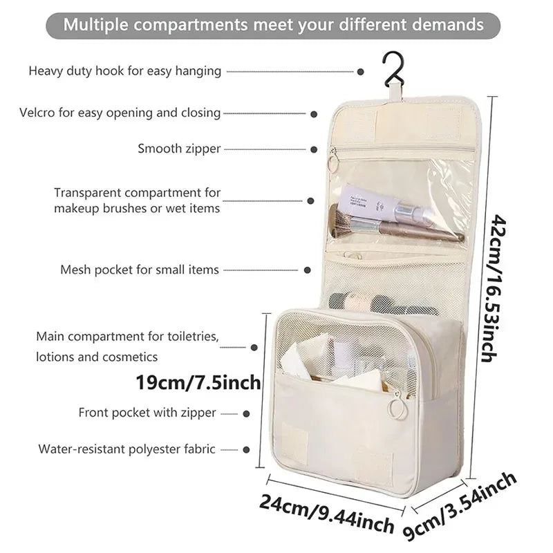 Elarose beige hanging toiletry bag with multiple compartments, mesh pockets, and zipper, 42cm tall.