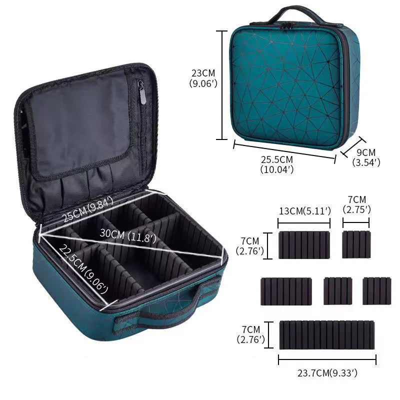 Teal Elarose storage organizer case with adjustable dividers and labeled dimensions