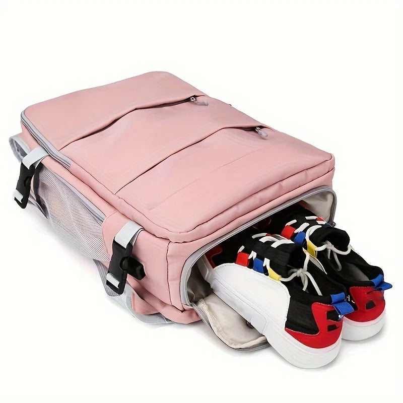 Pink Elarose travel backpack with shoe compartment holding colorful sneakers