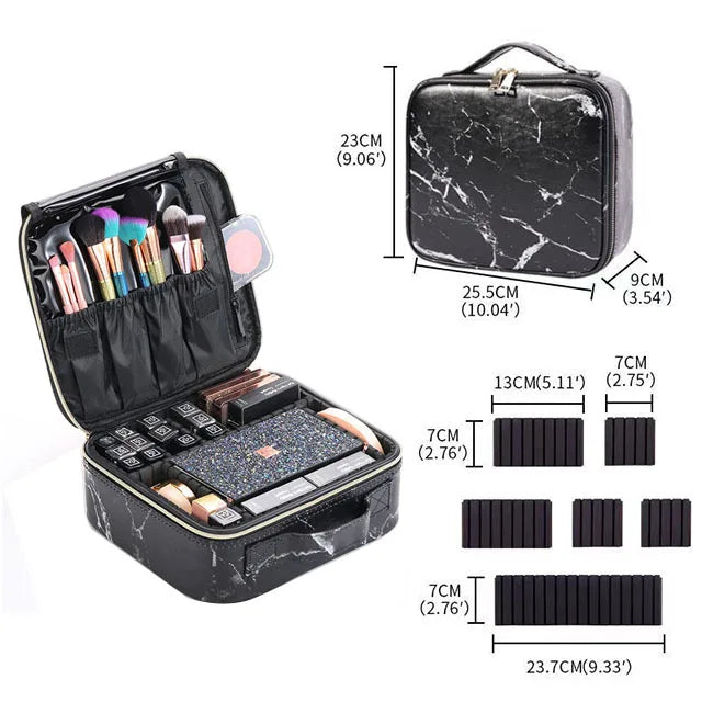 Black marble makeup organizer travel case with brushes, compartments, and dimensions, Elarose
